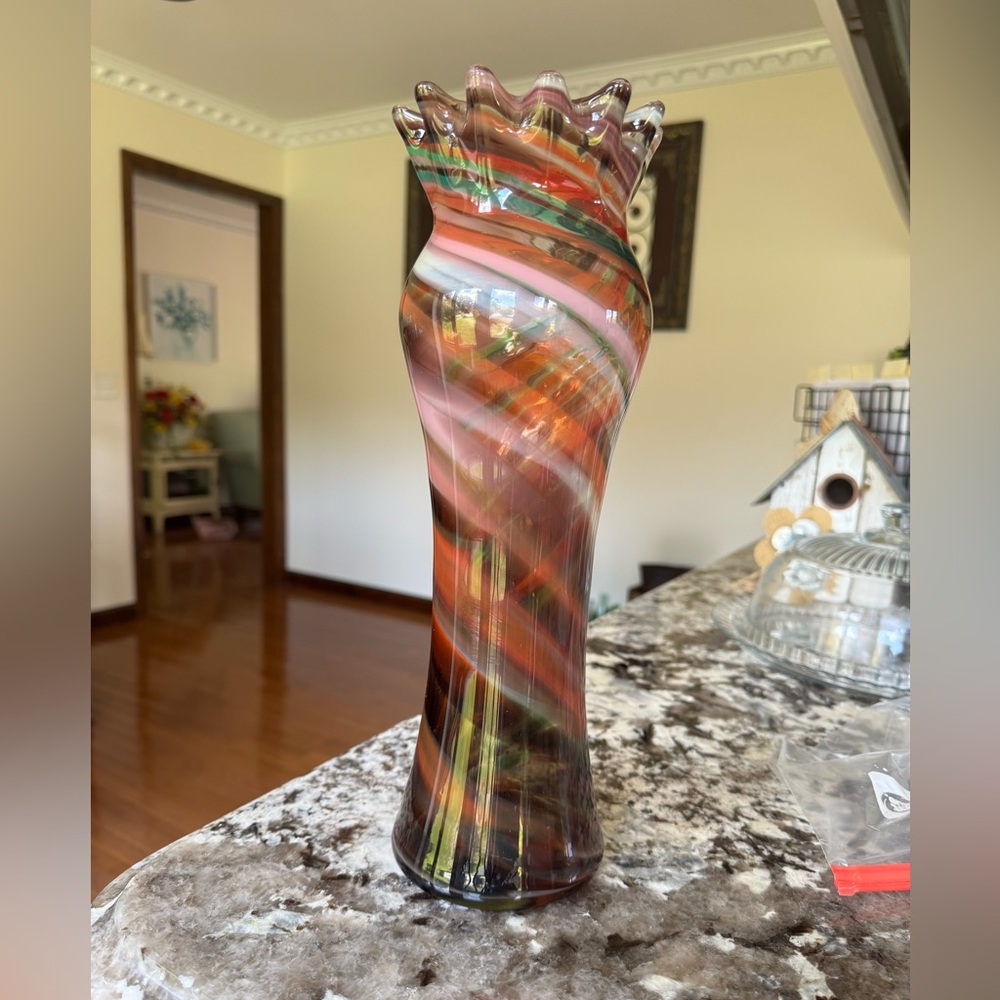 Murano Hand Blown Vase Style, Ruffle Top, Green, Purple, Pink & Orange Swirl